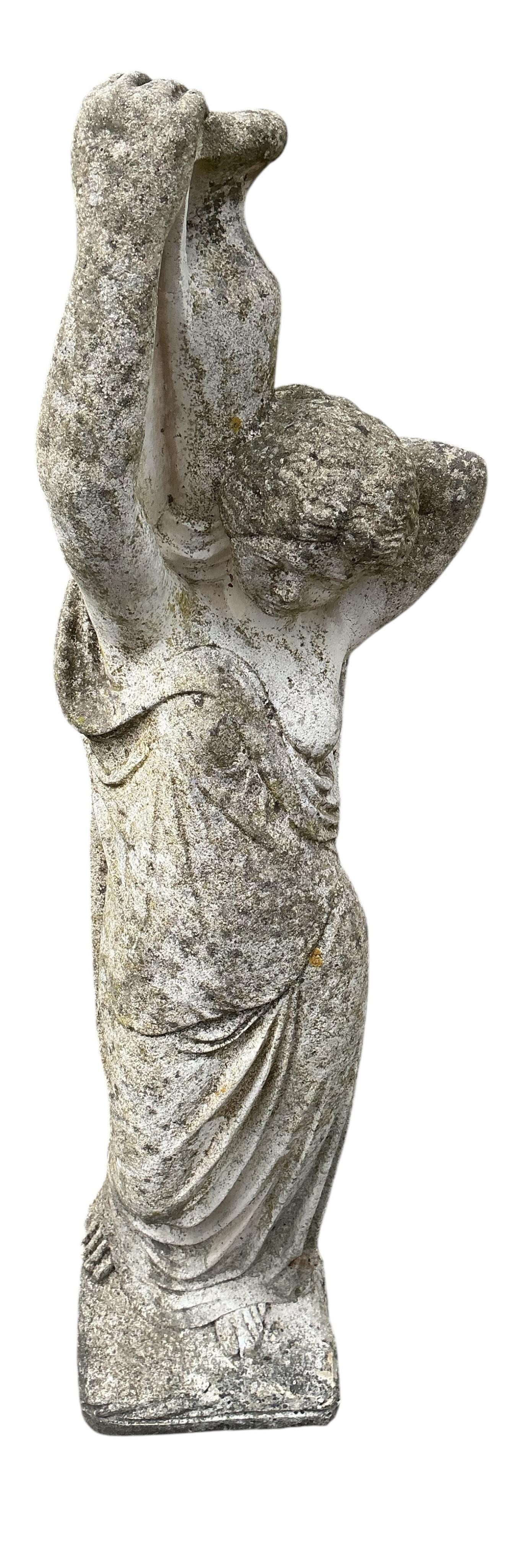 Three reconstituted stone female figure garden ornaments, largest height 92cm